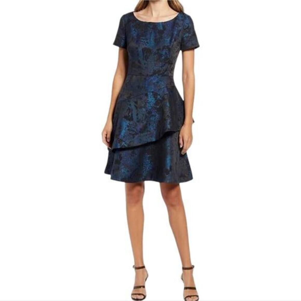Shani Two Tiered Jacquard Blue and Black Party Formal Cocktail Dress Plus 16 New